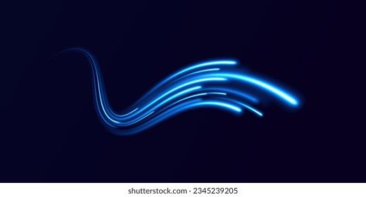 Magic bright shine glow of energy lines, shiny swirl power waves flow. Abstract blue light twist. Blue light vector effect, curve shape neon speed motion. Electric trail glowing in dark background.