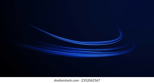 Magic bright shine glow of energy lines, shiny swirl power waves flow. Abstract blue light twist. Blue light vector effect, curve shape neon speed motion. Neon swirl, circle, spiral on dark background