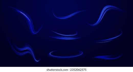 Magic bright shine glow of energy lines, shiny swirl power waves flow. Abstract blue light twist. Blue light vector effect, curve shape neon speed motion. Neon swirl, circle, spiral on dark background