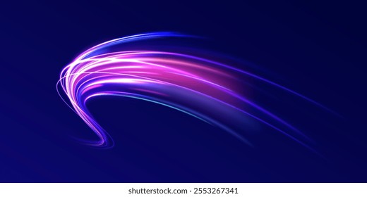 Brilho brilhante mágico de linhas de energia, ondas de energia de redemoinho brilhante fluem, trilha elétrica brilhando em fundo escuro. Efeito, png, onda, neon, linha, velocidade, ondulado, redemoinho, curva, velocidade, vetor.