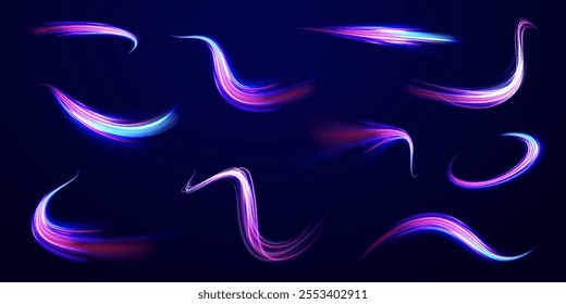 Magic bright shine glow of energy lines, shiny swirl power waves flow, electric trail glowing in dark background. Effect, png, wave,neon,line, speed, wavy, swirl,curve,speedy,vector.