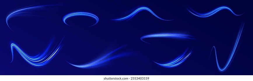Magic bright shine glow of energy lines, shiny swirl power waves flow, electric trail glowing in dark background. Effect, png, wave,neon,line, speed, wavy.  Abstract neon light motorway background. 