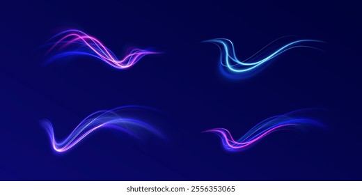 Magic bright shine glow of energy lines, shiny swirl power waves flow, electric trail glowing in dark backgrou. Abstract neon light motorway background. Light arc in neon colors, in the form of a turn