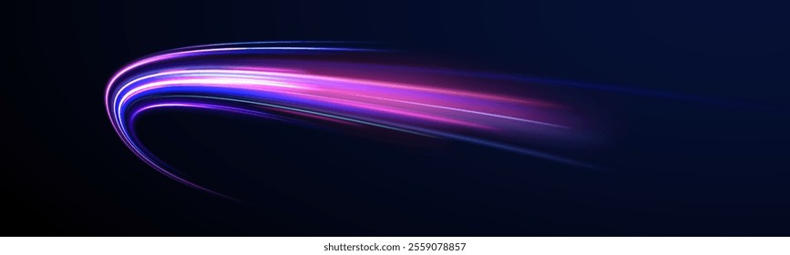 Magic bright shine glow of energy lines, shiny swirl power waves flow, electric trail glowing in dark background. Effect, png, wave,neon,line, speed, wavy. Abstract neon light motorway background. 