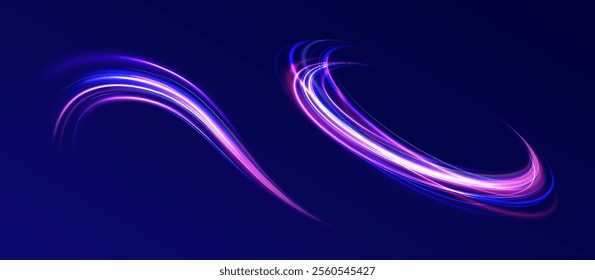 Magic bright shine glow of energy lines, shiny swirl power waves flow, electric trail glowing in dark background. Effect, png, wave,neon,line, speed, wavy. Abstract neon light motorway background. 