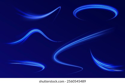 Magic bright shine glow of energy lines, shiny swirl power waves flow, electric trail glowing in dark background. Effect, png, wave,neon,line, speed, wavy.  Abstract neon light motorway background. 