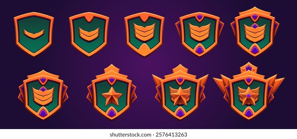 Magic bronze game rank level set. Perfect for epic, legend achievements and badges. Progress award for games. Metallic style gemstone, star. Fantasy, adventure.