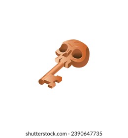 Magic bronze key with with a skull, vector game icon isolated on white background. Simple cartoon ui element, metallic tool. Symbol of secret and security. Cute game object for app and web interface