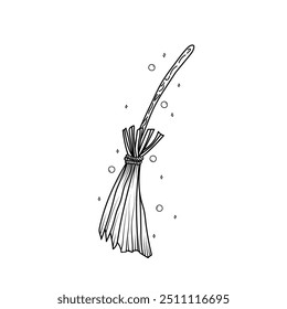  magic broom for Halloween. A witch's doodle-style broom on a white background. A Halloween clipart element with a witch's broom in the style of vector doodles.