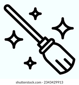 Magic Broom line icon. Wizard and witch gardening flying tool in sky with stars. Halloween vector design concept, outline style pictogram on white use for and app. Eps 10.