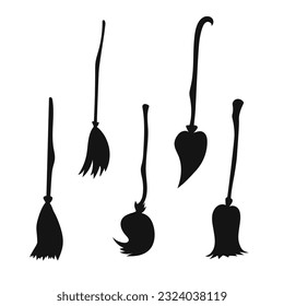 Magic broom set. Witch flying broomstick for witches and sorcerers and equipment for cleaning and sweeping streets and private vector areas