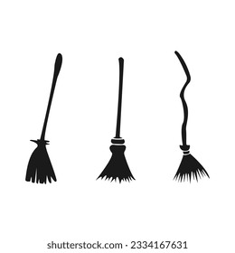 Magic broom set. Witch flying broomstick for witches and sorcerers and equipment for cleaning and sweeping streets and private vector areas