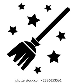 Magic Broom solid icon, Halloween concept, magic witch broom sign on white background, Broomstick with stars icon in glyph style for mobile concept and web design. Vector graphics