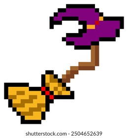  Magic broom witch hat in pixel art style