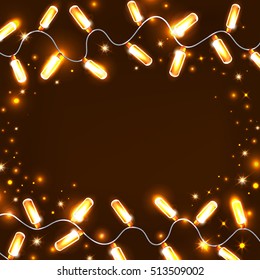 Magic brown Christmas background with neon burning garland and stars. vector illustration. greeting card. part of collection