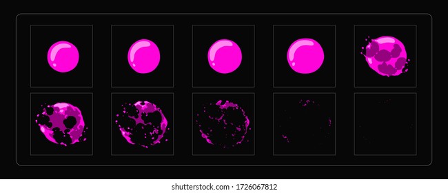 Die Zauberblase platzte Explosionsanimation. Farbenfrohe Bubble Effekt Sprite Sheet für Spiele, Cartoon oder Animation und Bewegung Design. eps-10 Vektorgrafik.