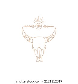 Magic bull skull, geometric shape gold simple contour line, boho style. Witch symbol and mystic design element. Hand drawn vector illustration isolated on white background. Modern flat cartoon style.