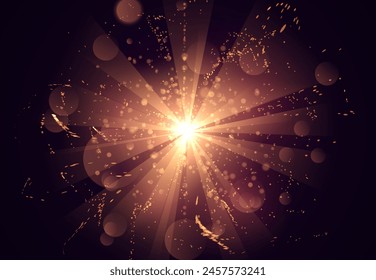 Magic burst, orange glow sparkling light motion effect vector illustration. Realistic illuminated flash with round shimmer effect, sunlight beam. Bright star dust sparks in explosion on black