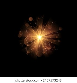 Magic Burst, orange Leucht funkelnde Licht Bewegung Effekt Vektorgrafik realistische Illustration. Helle Sternenstaub Funken in Explosion auf schwarz. Beleuchteter Blitz mit rundem Schimmereffekt, Sonnenstrahl