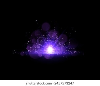 Magic burst, purple glow sparkling light motion effect vector realistic illustration. Bright star dust sparks in explosion horizon on black background. Illuminated flash shimmer effect with sparkles