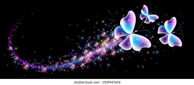 Magic butterflies with fantasy sparkle and blazing trail and glowing stars on black background