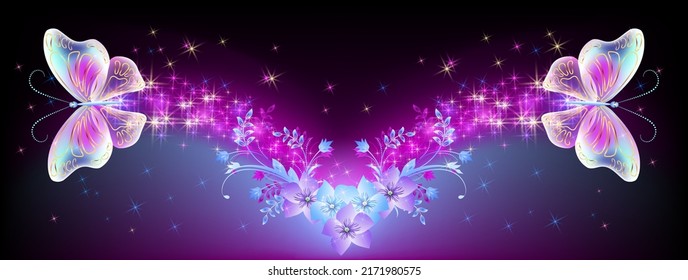 Magic butterflies with fantasy sparkle and blazing trail and stars on night sky background