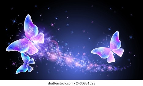 Magic butterflies with fantasy sparkle and blazing trail and glowing stars on night background