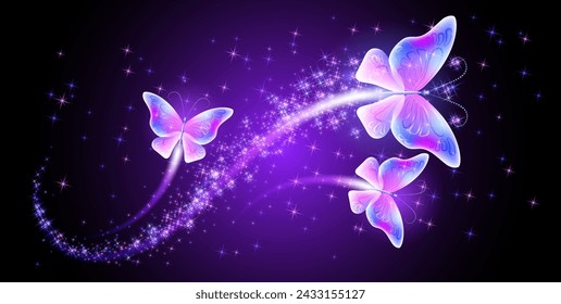 Magic butterflies with fantasy sparkle and blazing trail and glowing stars on night background