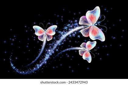 Magic butterflies with fantasy sparkle and blazing trail and glowing stars on night background