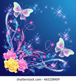 Magic  butterflies with  floral corner ornament, roses and glowing firework