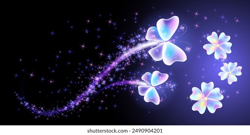 Magic butterflies and flowers with fantasy sparkle and blazing trail and glowing stars on night background