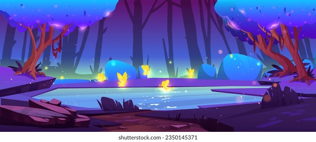 Magische Schmetterlinge fliegen über Märchensee im Nachtwald. Vektorgrafik-Illustration von mysteriöser Landschaft, fantastischen Fireflies und hellen Aromen, die in der Luft funkeln, neonblauer Baum, der im Dunkeln leuchtet