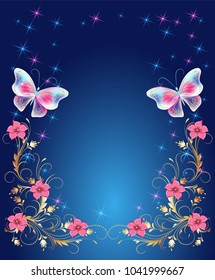Magic butterflies with golden ornament, flowers ornate and glowing stars