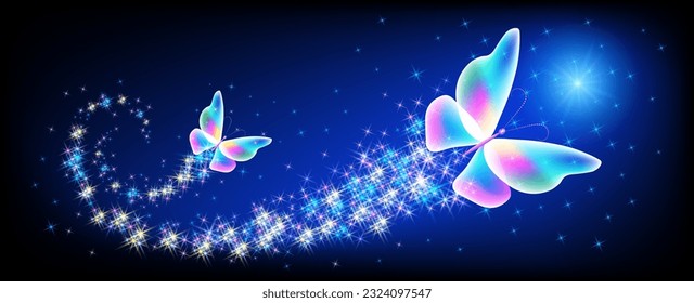 Magic butterflies with sparkle trail flying in night sky among glowing stars in cosmic space. Animal protection day concept.