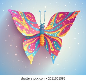 Magic butterfly with colorful wings and bright flares, fantasy illustration of flying moth insect with watercolor colors in vector.