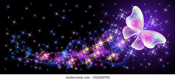 Magic butterfly with fantasy sparkle and blazing trail and glowing stars on black background