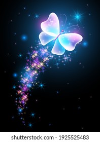 Magic butterfly with fantasy sparkle and blazing trail and glowing stars on black background