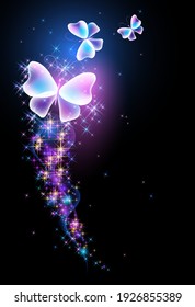 Magic butterfly with fantasy sparkle and blazing trail and glowing stars on black background