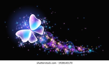 Magic butterfly with fantasy sparkle and blazing trail and glowing stars on black background