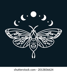 Magic butterfly with moon phases graphic print. Line art print with moth insect in boho style. Minimalistic black and white print with night bug and moons. Ideal for clothing, tattoo, card, poster