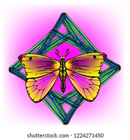 Magic butterfly over geometry. Psychedelic hallucination. Vibrant vector illustration. Sacred geometry symbol with moth over in acid colors. Mystic, alchemy, occult concept. Design shirt print, poster