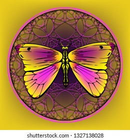 Magic butterfly over geometry. Psychedelic hallucination. Vibrant vector illustration. Sacred geometry symbol with moth over in acid colors. Mystic, alchemy, occult concept. Design shirt print, poster