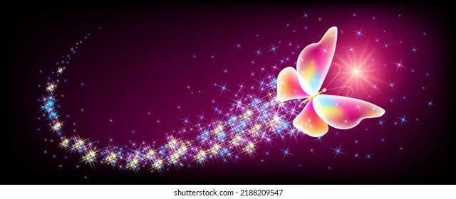 Magic butterfly with sparkle trail flying in night sky among glowing stars in cosmic space. Animal protection day concept.