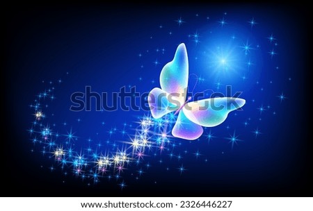 Magic butterfly with sparkle trail flying in night sky among glowing stars in cosmic space. Animal protection day concept.