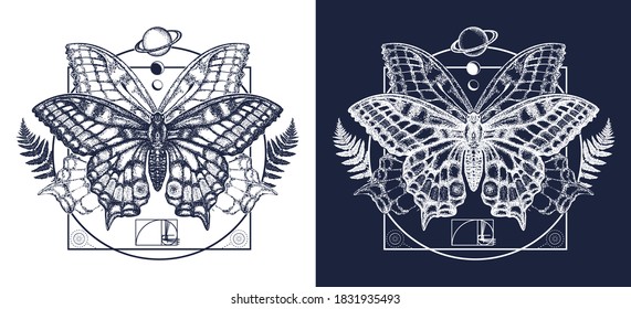 Magic butterfly tattoo art. Symbol of magic, renaissance, esoterics, travel, soul t-shirt design. Black and white vector graphics 