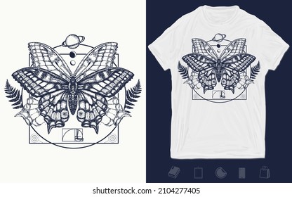 Magic butterfly tattoo art. Symbol of magic, renaissance, esoterics, travel, soul t-shirt design. Vector graphics template. Hand drawn illustration 