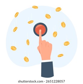 Botão mágico quando você pressiona o botão com seu dedo dinheiro cai de cima. Empresário mão toque tumbler. Vire a riqueza. Alternância de início de êxito financeiro. Regulador do investimento. Conceito de vetor