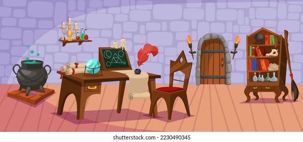 Magic cabinet vector illustration set. Cauldron with potion, witch hat, spell book, wizard wand, broom, bookcase, table and chair. Magic concept