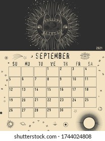 Magic calendar 2021. Mystical sun and phases of the moon. Astrology and horoscope, zodiac signs. for print. Vector graphics