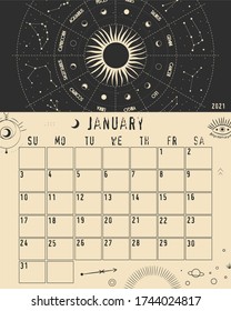 Magic calendar 2021. Mystical sun and phases of the moon. Astrology and horoscope, zodiac signs. for print. Vector graphics